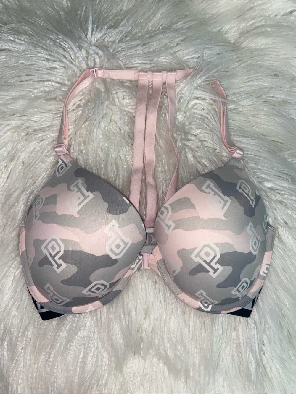 PINK Victoria's Secret Pink & Gray Camouflage Logo T-Back Bra